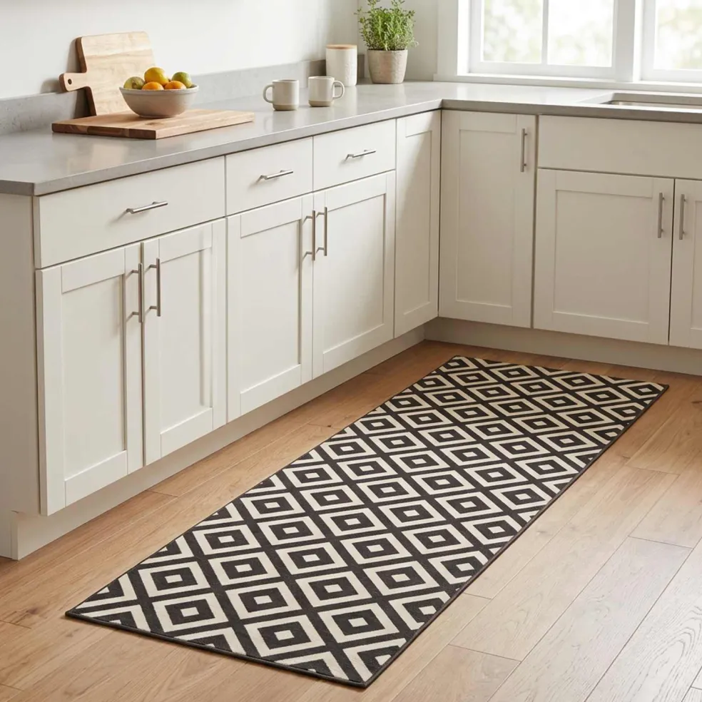 vidaXL Keuken Vloerkleed Grijze en Witte Ruiten 150 x 45 cm