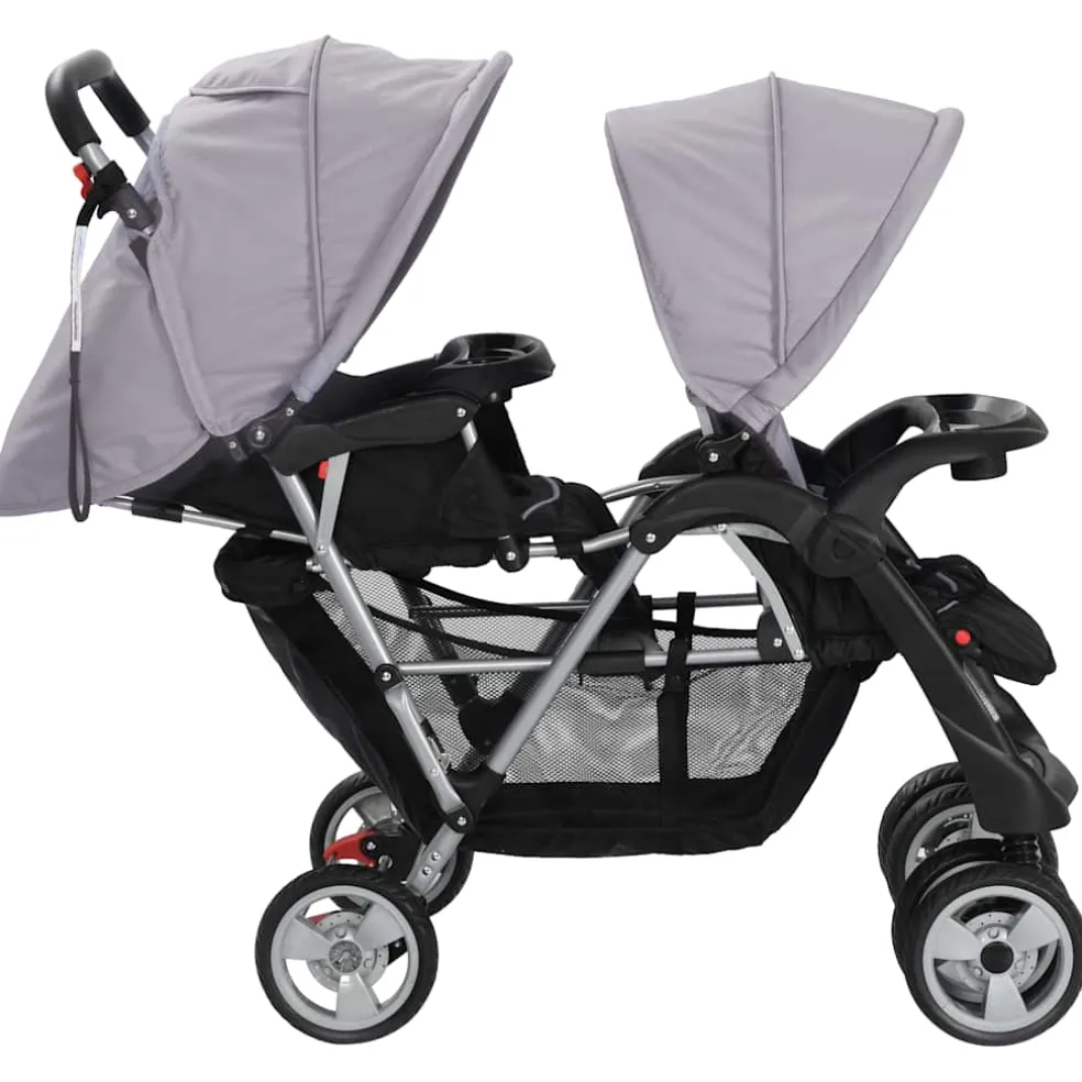 vidaXL Kinderwagen dubbel staal grijs en zwart