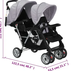 vidaXL Kinderwagen dubbel staal grijs en zwart