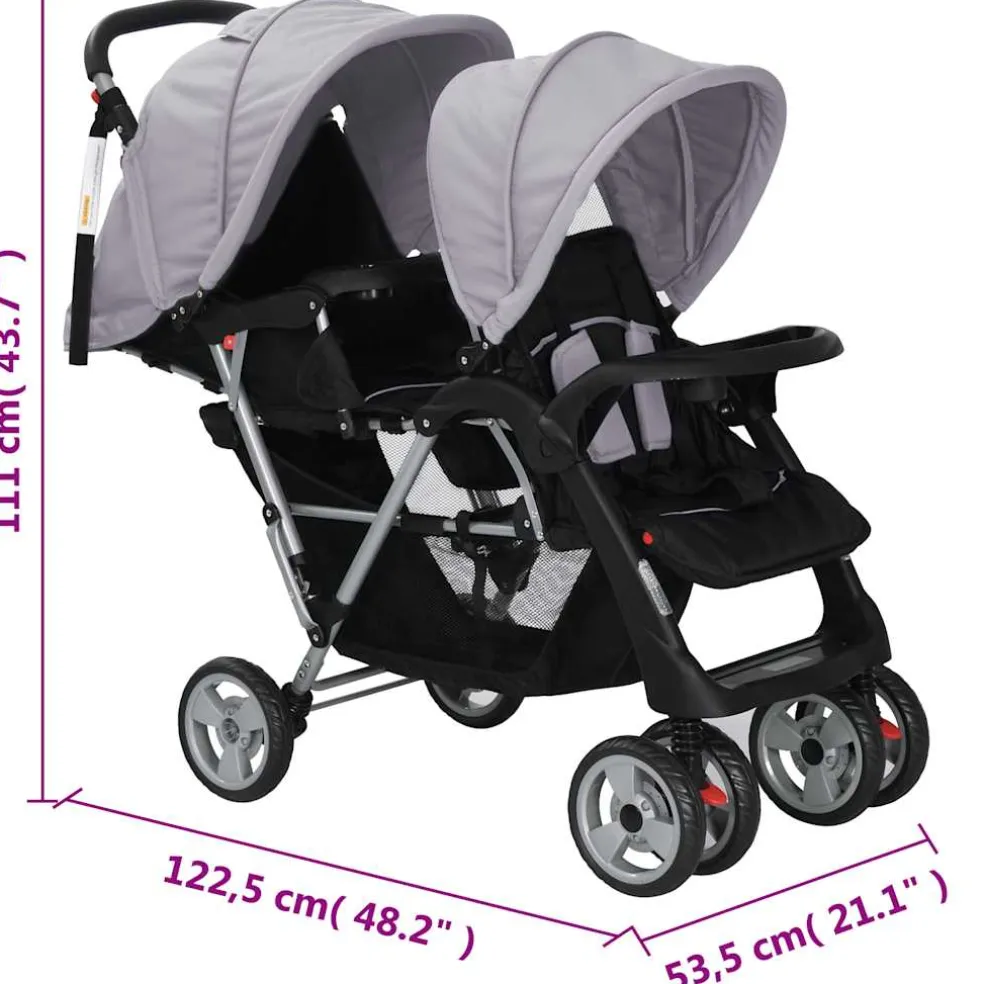 vidaXL Kinderwagen dubbel staal grijs en zwart