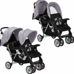 vidaXL Kinderwagen dubbel staal grijs en zwart