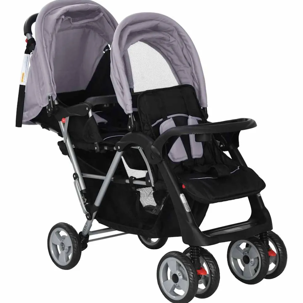 vidaXL Kinderwagen dubbel staal grijs en zwart