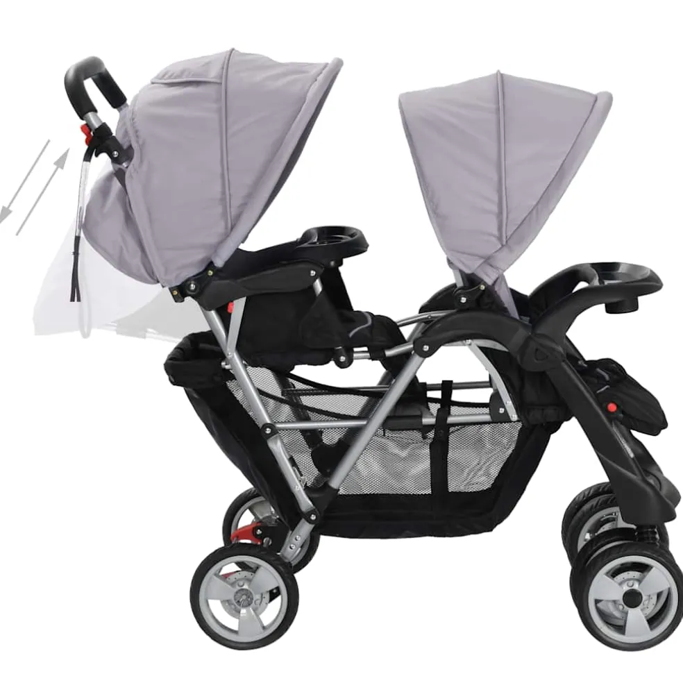 vidaXL Kinderwagen dubbel staal grijs en zwart