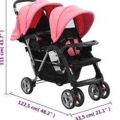 vidaXL Kinderwagen dubbel staal roze en zwart