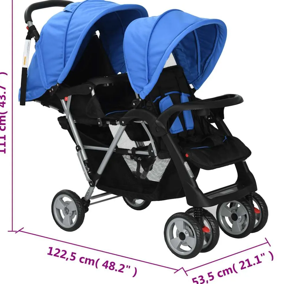 vidaXL Kinderwagen dubbel staal blauw en zwart