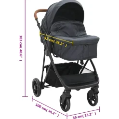 vidaXL Kinderwagen 2-in-1 staal antracietkleurig en zwart
