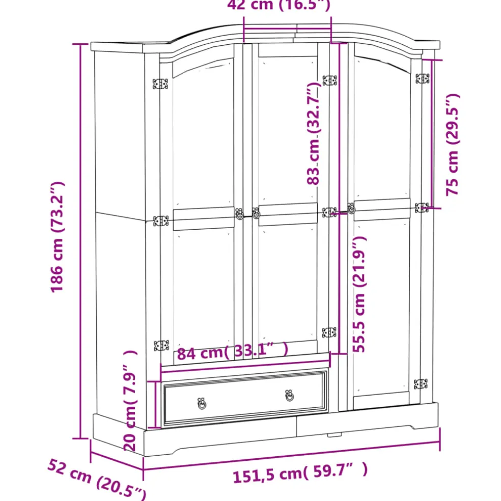 vidaXL Kledingkast Corona wit 151,5x52x186 cm massief grenenhout