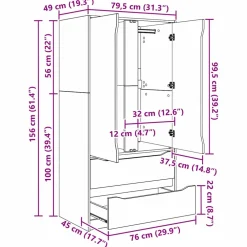 vidaXL Kledingkast Hoogglans Wit 79,5 x 49 x 156 cm Geconstrueerd hout