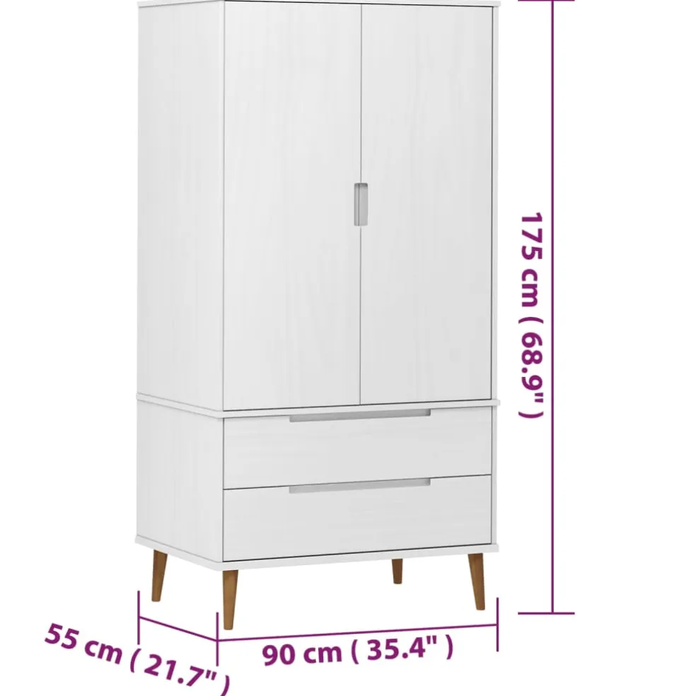 vidaXL Kledingkast MOLDE 90x55x175 cm massief grenenhout wit