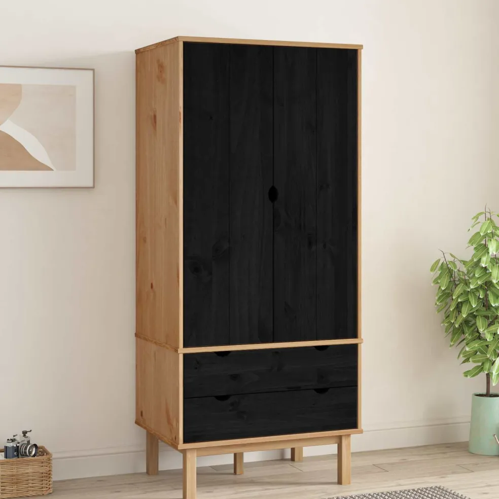 vidaXL Kledingkast OTTA Zwart 76,5 x 53 x 172 cm Massief grenenhout