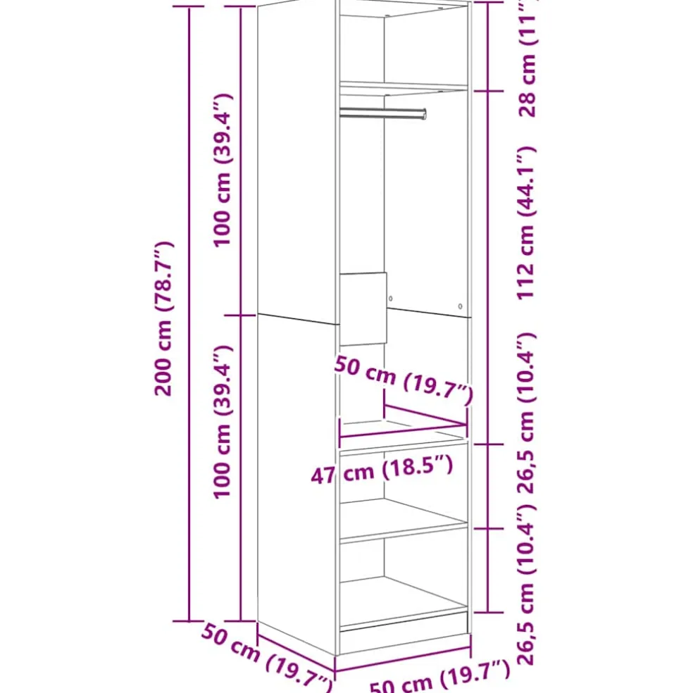 vidaXL Kledingkast Zwart Eiken 50 x 50 x 200 cm Bewerkt hout