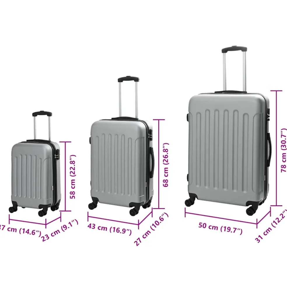 vidaXL Koffer met slot 3 st zilver 50 x 31 x 78 cm ABS Kunststof
