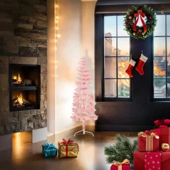 vidaXL Kunstkerstboom half met standaard smal 120 cm roze