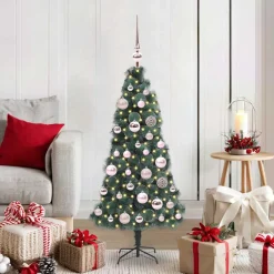 vidaXL Kunstmatige voorverlichte kerstboom met bollen set Groen 120 cm