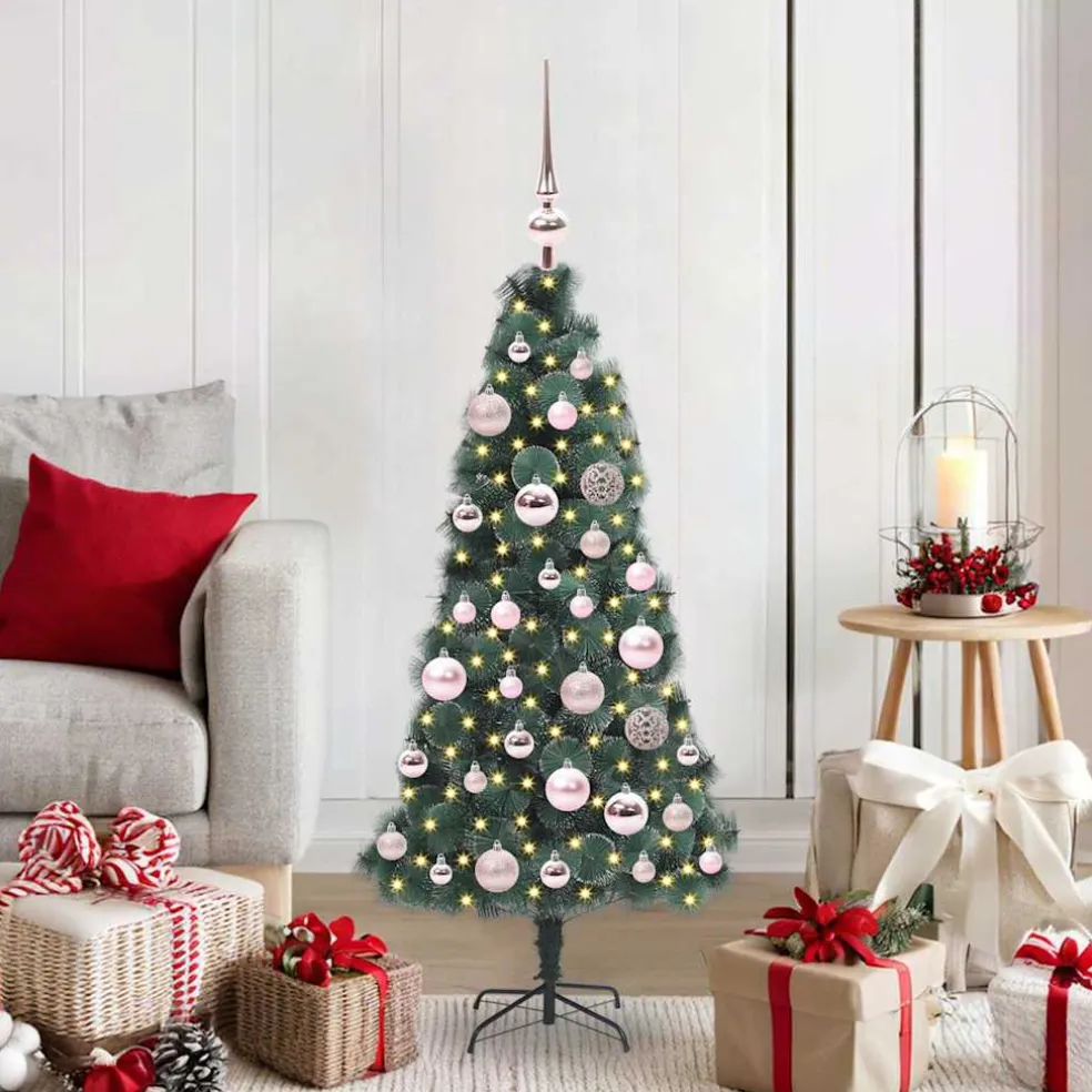 vidaXL Kunstmatige voorverlichte kerstboom met bollen set Groen 120 cm