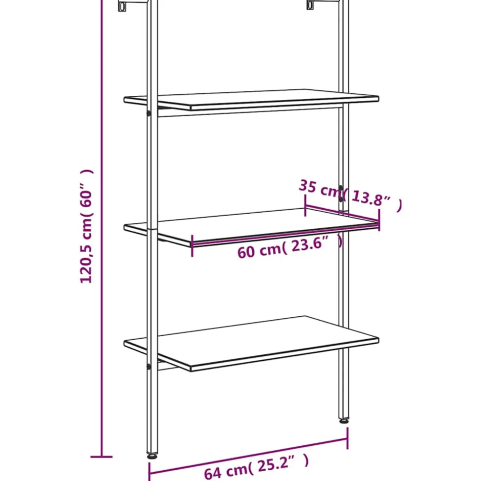 vidaXL Ladderrek met 3 schappen 64x35x120,5 cm zwart