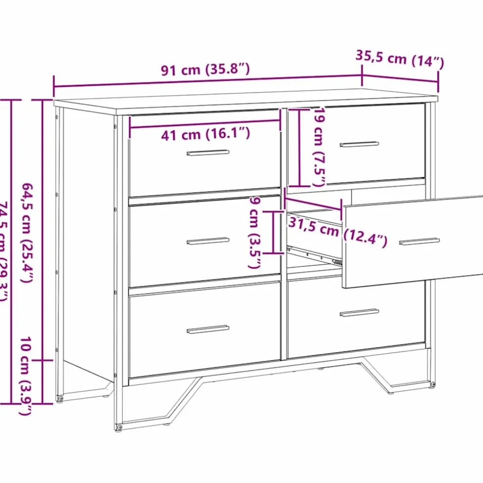 vidaXL Ladekast 6-Lade Artisan Eiken 91 x 35,5 x 74,5 cm
