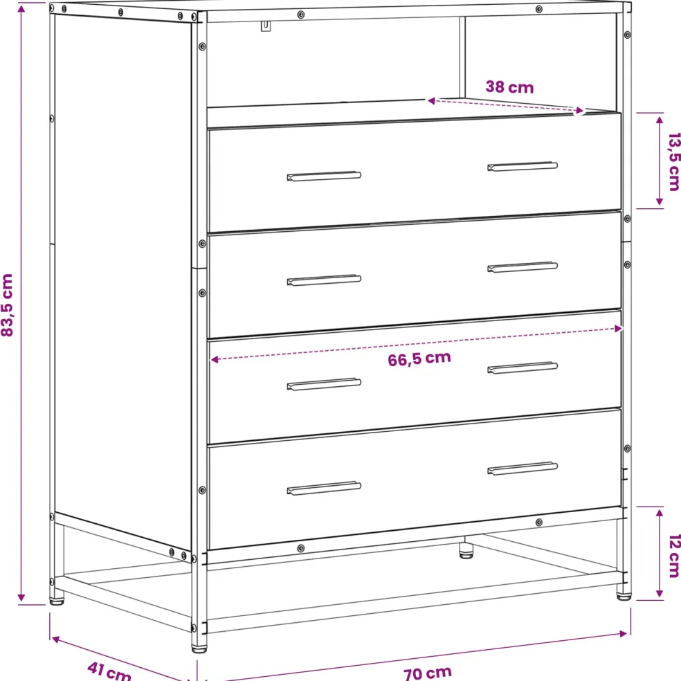 vidaXL Ladenkast 4-Lade Zwart eiken 70 x 41 x 83,5 cm Bewerkt hout