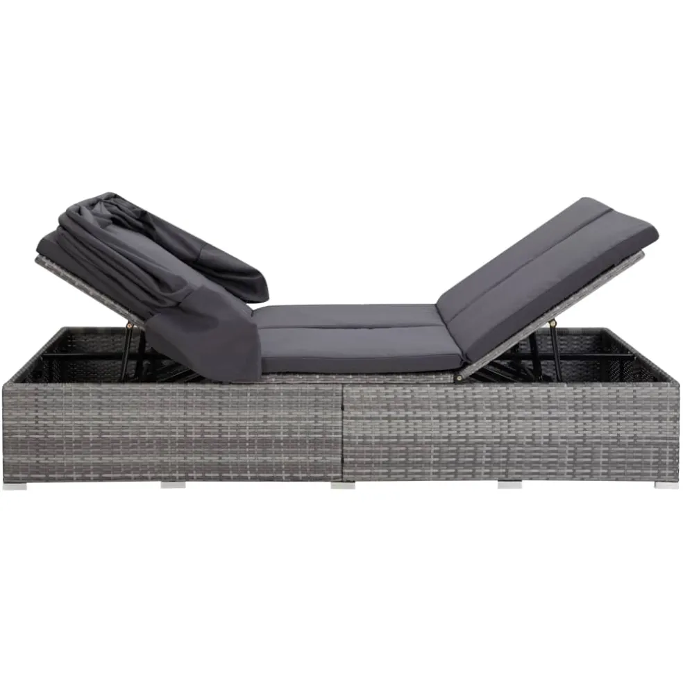 vidaXL Ligbed met kussen 2-persoons poly rattan grijs