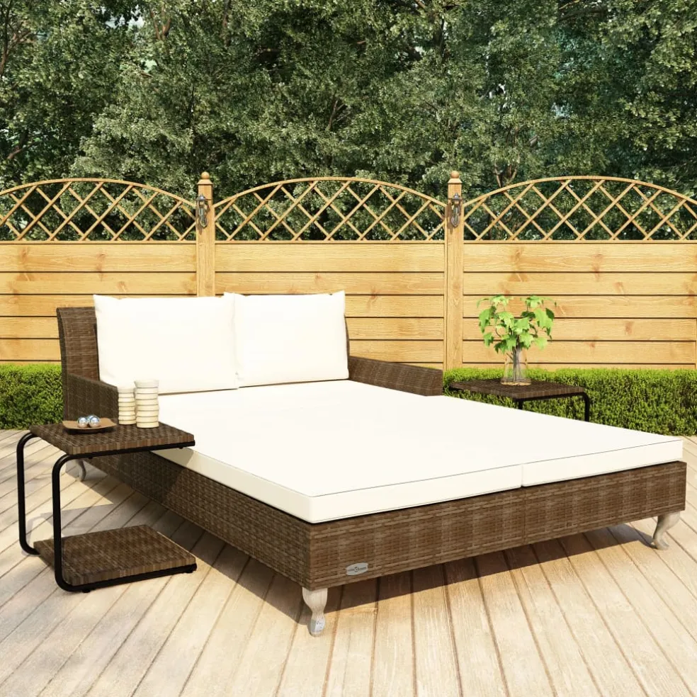 vidaXL Ligbed met kussens 2-persoons poly rattan bruin