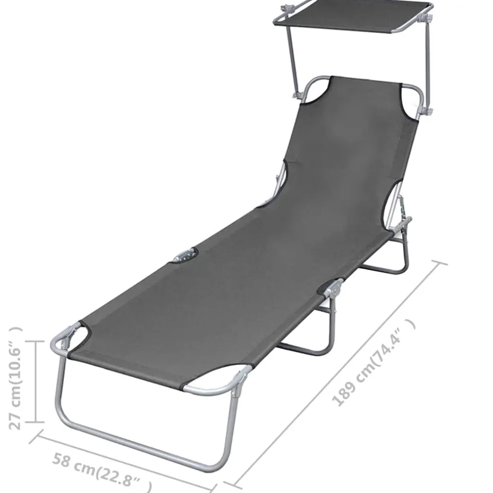 vidaXL Ligbed met luifel inklapbaar staal grijs