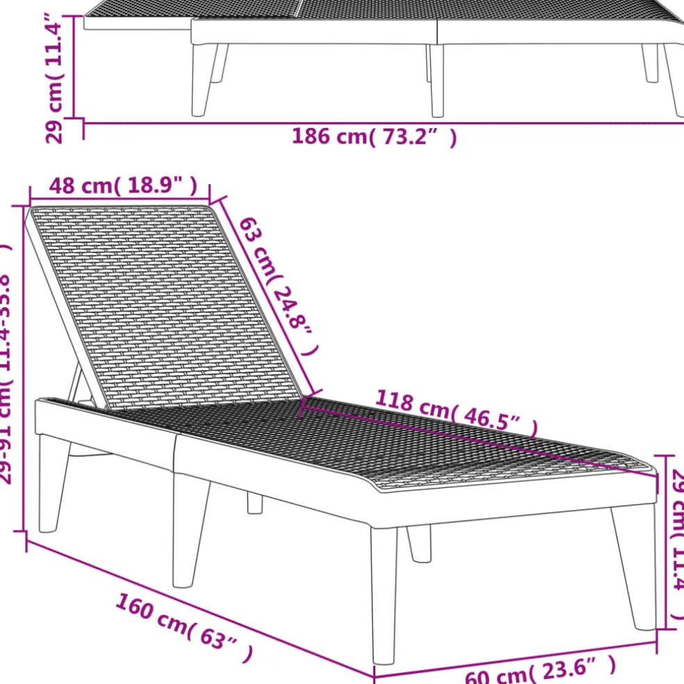 vidaXL Ligbed 186x60x29 cm polypropeen antracietkleurig