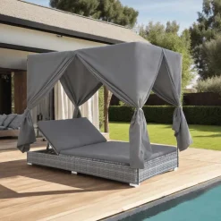 vidaXL Loungebed met gordijnen poly rattan grijs