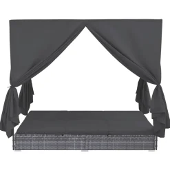 vidaXL Loungebed met gordijnen poly rattan grijs