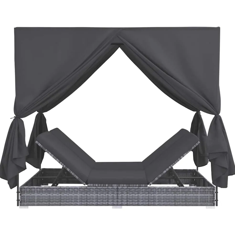 vidaXL Loungebed met gordijnen poly rattan grijs