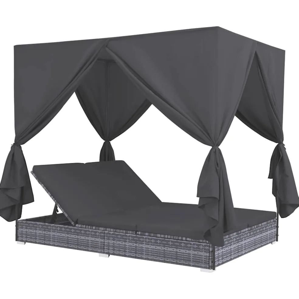 vidaXL Loungebed met gordijnen poly rattan grijs