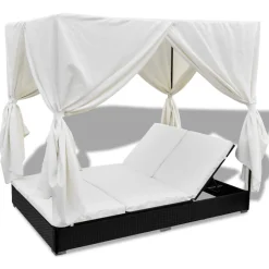 vidaXL Loungebed met gordijnen poly rattan zwart