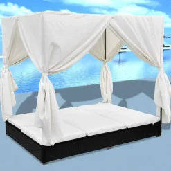 vidaXL Loungebed met gordijnen poly rattan zwart