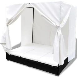 vidaXL Loungebed met gordijnen poly rattan zwart