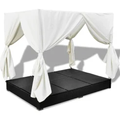 vidaXL Loungebed met gordijnen poly rattan zwart