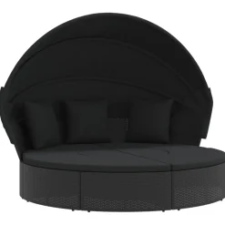 vidaXL Loungebed met luifel en kussens poly rattan zwart