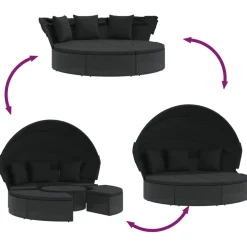 vidaXL Loungebed met luifel en kussens poly rattan zwart