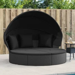 vidaXL Loungebed met luifel en kussens poly rattan zwart