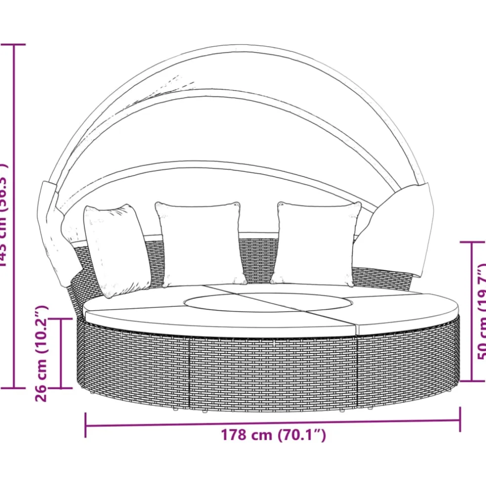 vidaXL Loungebed met luifel en kussens poly rattan grijs