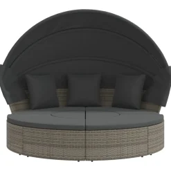 vidaXL Loungebed met luifel en kussens poly rattan grijs