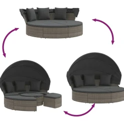 vidaXL Loungebed met luifel en kussens poly rattan grijs