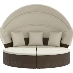 vidaXL Loungebed met luifel en kussens poly rattan bruin
