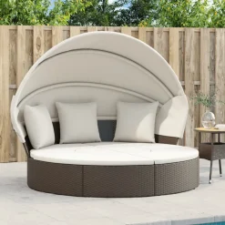 vidaXL Loungebed met luifel en kussens poly rattan bruin