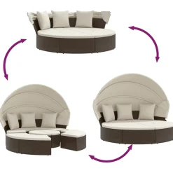 vidaXL Loungebed met luifel en kussens poly rattan bruin