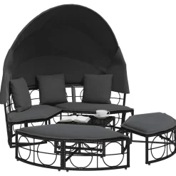 vidaXL Loungebed met luifel en kussens poly rattan zwart