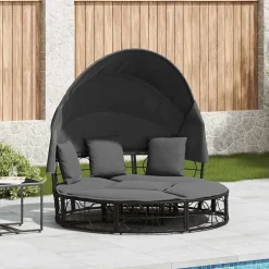 vidaXL Loungebed met luifel en kussens poly rattan zwart