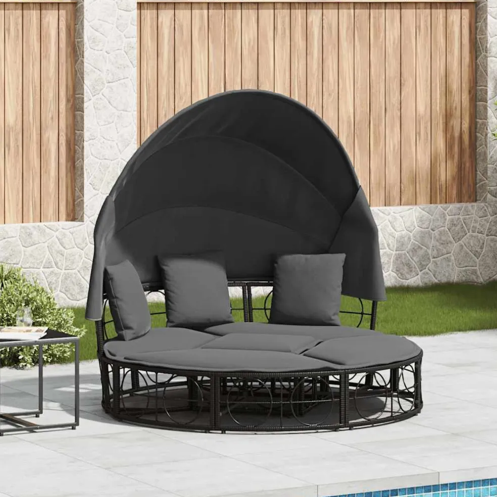 vidaXL Loungebed met luifel en kussens poly rattan zwart