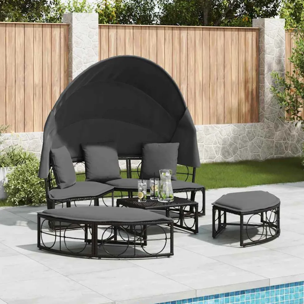 vidaXL Loungebed met luifel en kussens poly rattan zwart