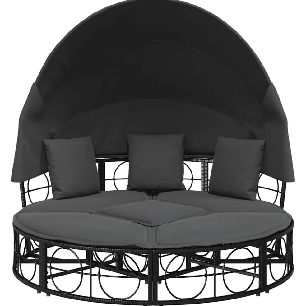 vidaXL Loungebed met luifel en kussens poly rattan zwart