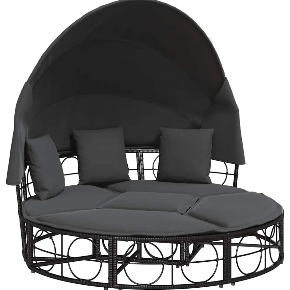 vidaXL Loungebed met luifel en kussens poly rattan zwart