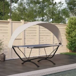vidaXL Loungebed met luifel staal en oxford stof crèmekleurig